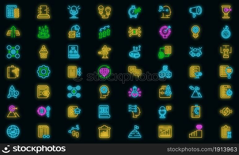 Realization icons set. Outline set of realization vector icons neon color on black. Realization icons set vector neon