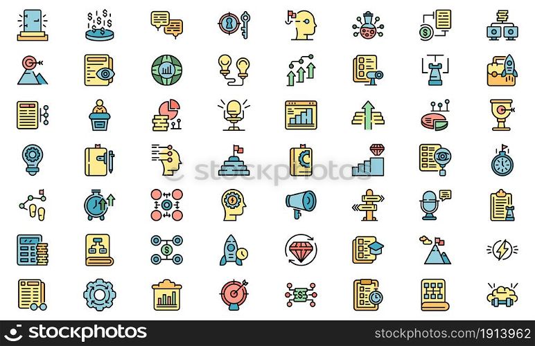 Realization icons set. Outline set of realization vector icons thin line color flat isolated on white. Realization icons set line color vector