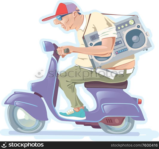 Really Fat Man on the Scooter. The fat bald-headed man with the boombox is riding the scooter.. Fat Man on the Scooter