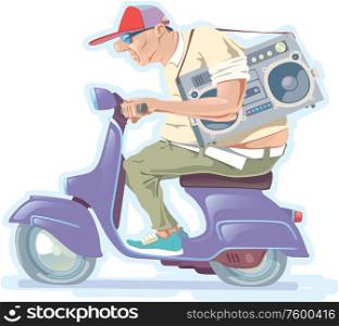 Really Fat Man on the Scooter. The fat bald-headed man with the boombox is riding the scooter.. Fat Man on the Scooter