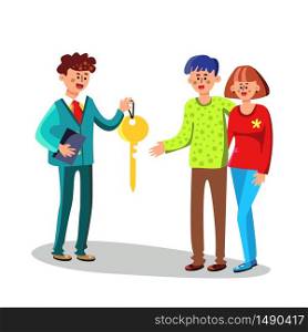 Realtor Giving House Key To New Owners Vector. Character Agent Holding Key Meeting With Happy Young Family Married Couple Man And Woman. Buying Estate Realty Flat Cartoon Illustration. Realtor Giving House Key To New Owners Vector