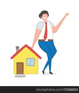 Realtor leaning on house, hand-drawn vector illustration. Color outlines and colored.