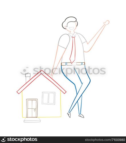 Realtor leaning on house, hand-drawn vector illustration. Color outlines and white background.
