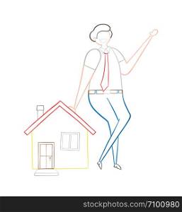 Realtor leaning on house, hand-drawn vector illustration. Color outlines and white background.