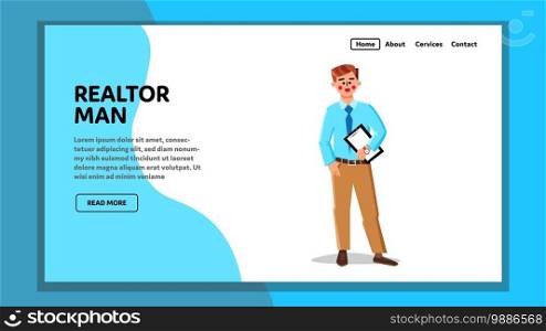 Realtor Man Real Estate Agency Employee Vector. Realtor Businessman Holding Lease Contract Or Selling Agreement, Office Or House Salesman. Character Broker Agent Web Flat Cartoon Illustration. Realtor Man Real Estate Agency Employee Vector