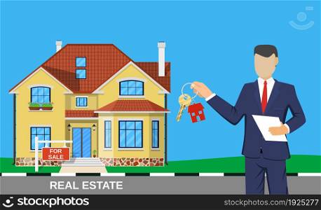 realtor man with key on house . Real estate agent, house building, property home, realtor and rent, sale housing, buy apartment. Vector illustration in flat style. Real estate broker at work.