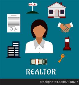 Realtor profession flat icons with woman real estate agent, key, home, apartment house, sale sign, contract, money, handshake and telephone . Realtor or real estate agent profession icons