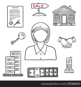 Realtor profession icon for real estate and business design usage with female agent, apartment house, wooden home, key, money, contract, handshake, telephone and sale poster. Sketch style. Realtor profession sketch for real estate design