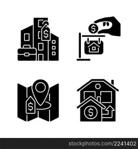 Realty purchasing types black glyph icons set on white space. Commercial and private property. Real estate price. Silhouette symbols. Solid pictogram pack. Vector isolated illustration. Realty purchasing types black glyph icons set on white space