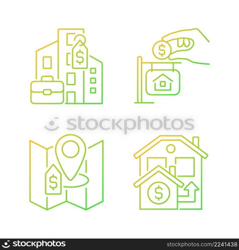 Realty purchasing types gradient linear vector icons set. Commercial and private property. Real estate price. Thin line contour symbol designs bundle. Isolated outline illustrations collection. Realty purchasing types gradient linear vector icons set