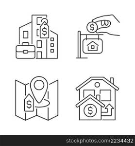 Realty purchasing types linear icons set. Commercial and private property. Real estate price. Customizable thin line symbols. Isolated vector outline illustrations. Editable stroke. Realty purchasing types linear icons set