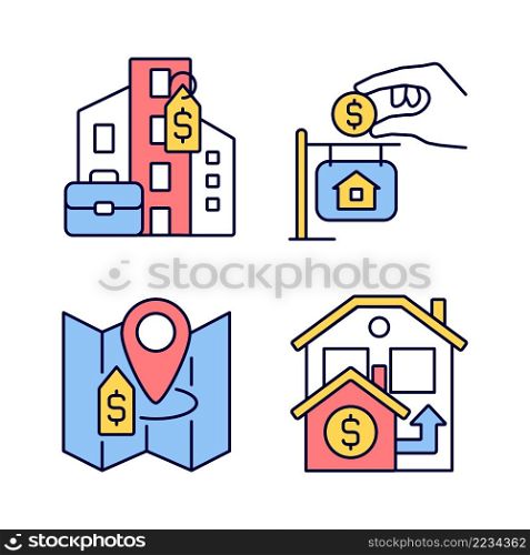 Realty purchasing types RGB color icons set. Commercial and private property. Real estate price. Isolated vector illustrations. Simple filled line drawings collection. Editable stroke. Realty purchasing types RGB color icons set