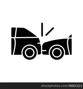 Rear-end collision black glyph icon. Hitting vehicle from behind. Aggressive driving. Accident occurs in congested traffic. Silhouette symbol on white space. Vector isolated illustration. Rear-end collision black glyph icon
