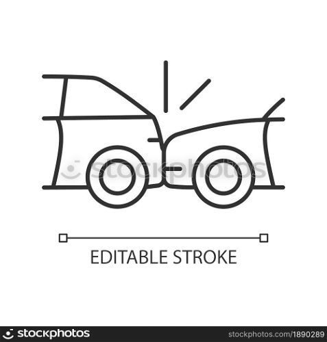 Rear-end collision linear icon. Hitting vehicle from behind. Accident in congested traffic. Thin line customizable illustration. Contour symbol. Vector isolated outline drawing. Editable stroke. Rear-end collision linear icon