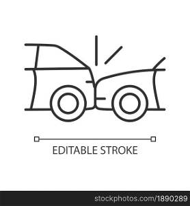 Rear-end collision linear icon. Hitting vehicle from behind. Accident in congested traffic. Thin line customizable illustration. Contour symbol. Vector isolated outline drawing. Editable stroke. Rear-end collision linear icon