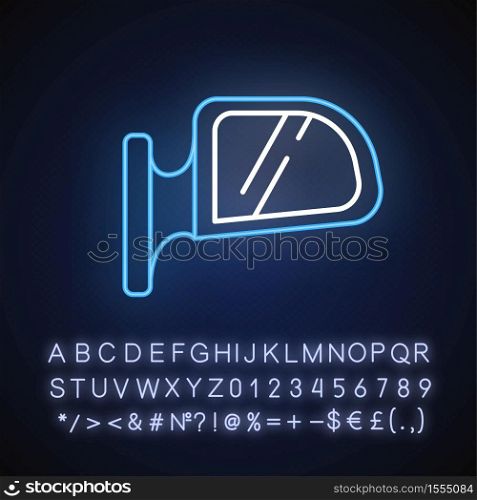 Rear view mirror neon light icon. Safe driving, traffic safety. Outer glowing effect. Sign with alphabet, numbers and symbols. Car accidents prevention. Vector isolated RGB color illustration. Rear view mirror neon light icon