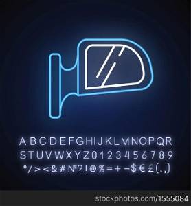 Rear view mirror neon light icon. Safe driving, traffic safety. Outer glowing effect. Sign with alphabet, numbers and symbols. Car accidents prevention. Vector isolated RGB color illustration. Rear view mirror neon light icon