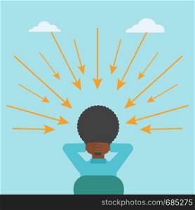 Rear view of an african-american sitting man with some arrows poinded to his head. Vector flat design illustration. Square layout.. Man with arrows poinded to his head.