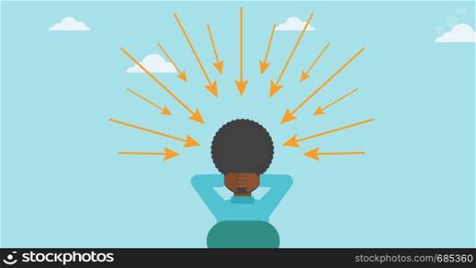 Rear view of an african-american sitting man with some arrows poinded to his head. Vector flat design illustration. Horizontal layout.. Man with arrows poinded to his head.