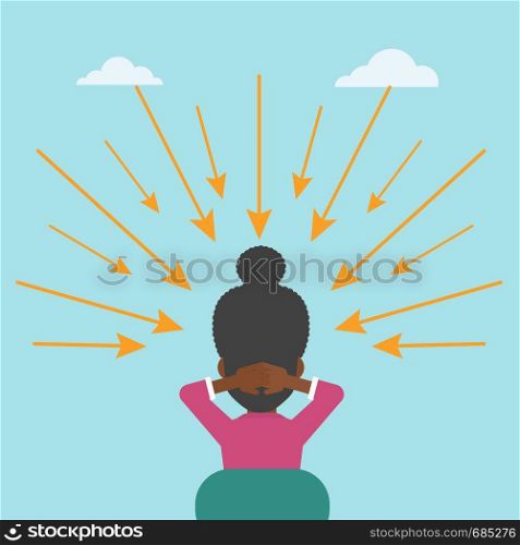 Rear view of an african-american young sitting woman with some arrows poinded to her head. Vector flat design illustration. Square layout.. Woman with arrows poinded to her head.