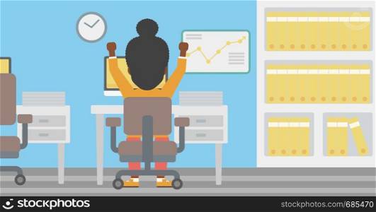 Rear view of successful african-american business woman with raised hands sitting at workplace and a board with growing chart hanging on the wall. Vector flat design illustration. Horizontal layout.. Successful business woman vector illustration.