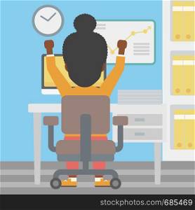 Rear view of successful an african-american business woman with raised hands sitting at workplace and a board with growing chart hanging on the wall. Vector flat design illustration. Square layout.. Successful business woman vector illustration.