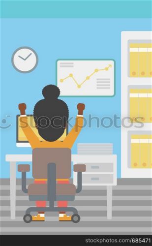 Rear view of successful an african-american business woman with raised hands sitting at workplace and a board with growing chart hanging on the wall. Vector flat design illustration. Vertical layout.. Successful business woman vector illustration.