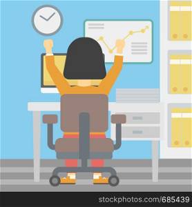 Rear view of successful An asian business woman with raised hands sitting at workplace and a board with growing chart hanging on the wall. Vector flat design illustration. Square layout.. Successful business woman vector illustration.