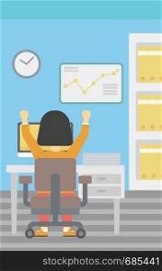 Rear view of successful An asian business woman with raised hands sitting at workplace and a board with growing chart hanging on the wall. Vector flat design illustration. Vertical layout.. Successful business woman vector illustration.