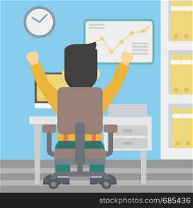 Rear view of successful businessman with raised hands sitting at workplace and a board with growing chart hanging on the wall. Vector flat design illustration. Square layout.. Successful businessman vector illustration.