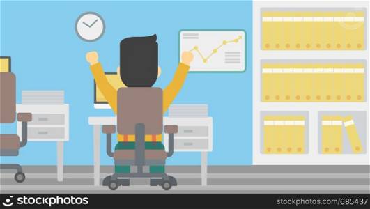 Rear view of successful businessman with raised hands sitting at workplace and a board with growing chart hanging on the wall. Vector flat design illustration. Horizontal layout.. Successful businessman vector illustration.