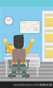 Rear view of successful businessman with raised hands sitting at workplace and a board with growing chart hanging on the wall. Vector flat design illustration. Vertical layout.. Successful businessman vector illustration.