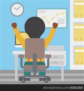 Rear view of successful businessman with raised hands sitting at workplace and a board with growing chart hanging on the wall. Vector flat design illustration. Square layout.. Successful businessman vector illustration.