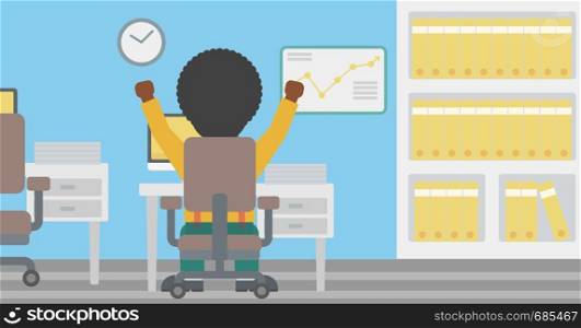 Rear view of successful businessman with raised hands sitting at workplace and a board with growing chart hanging on the wall. Vector flat design illustration. Horizontal layout.. Successful businessman vector illustration.