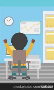 Rear view of successful businessman with raised hands sitting at workplace and a board with growing chart hanging on the wall. Vector flat design illustration. Vertical layout.. Successful businessman vector illustration.