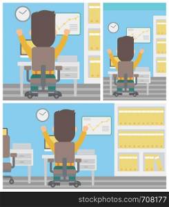 Rear view of successful businessman with raised hands sitting at workplace and a board with growing chart hanging on the wall. Vector flat design illustration. Square, horizontal, vertical layouts.. Successful businessman vector illustration.