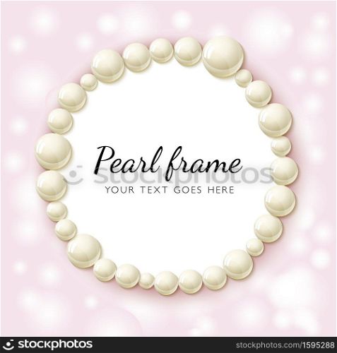 Rearls. Realistic vector illustration of shiny pearl necklace on pink background. Pearl beads frame