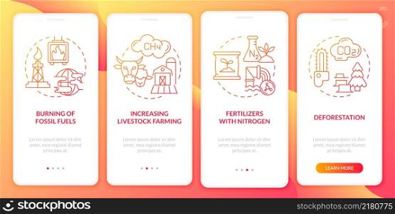 Reasons for climate change red gradient onboarding mobile app screen. Walkthrough 4 steps graphic instructions pages with linear concepts. UI, UX, GUI template. Myriad Pro-Bold, Regular fonts used. Reasons for climate change red gradient onboarding mobile app screen