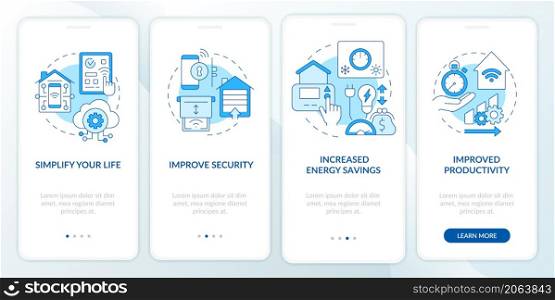 Reasons for home automation blue onboarding mobile app screen. Walkthrough 4 steps graphic instructions pages with linear concepts. UI, UX, GUI template. Myriad Pro-Bold, Regular fonts used. Reasons for home automation blue onboarding mobile app screen