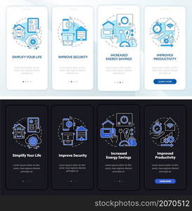 Reasons for home automation night, day mode onboarding mobile app screen. Walkthrough 4 steps graphic instructions pages with linear concepts. UI, UX, GUI template. Myriad Pro-Bold, Regular fonts used. Reasons for home automation night, day mode onboarding mobile app screen