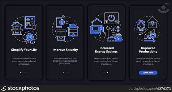 Reasons for home automation night mode onboarding mobile app screen. Walkthrough 4 steps graphic instructions pages with linear concepts. UI, UX, GUI template. Myriad Pro-Bold, Regular fonts used. Reasons for home automation night mode onboarding mobile app screen