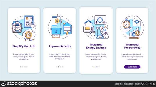Reasons for home automation onboarding mobile app screen. Walkthrough 4 steps graphic instructions pages with linear concepts. UI, UX, GUI template. Myriad Pro-Bold, Regular fonts used. Reasons for home automation onboarding mobile app screen