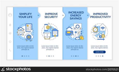 Reasons for home automation white and blue onboarding template. Responsive mobile website with linear concept icons. Web page walkthrough 4 step screens. Lato-Bold, Regular fonts used. Reasons for home automation white and blue onboarding template