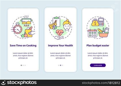 Reasons for meal planning onboarding mobile app page screen. Cooking walkthrough 3 steps graphic instructions with concepts. UI, UX, GUI vector template with linear color illustrations. Reasons for meal planning onboarding mobile app page screen