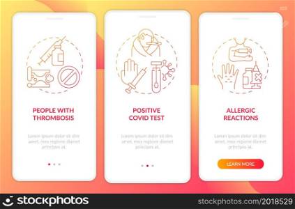 Reasons for medical exceptions onboarding mobile app page screen. Allergic reactions walkthrough 3 steps graphic instructions with concepts. UI, UX, GUI vector template with linear color illustrations. Reasons for medical exceptions onboarding mobile app page screen