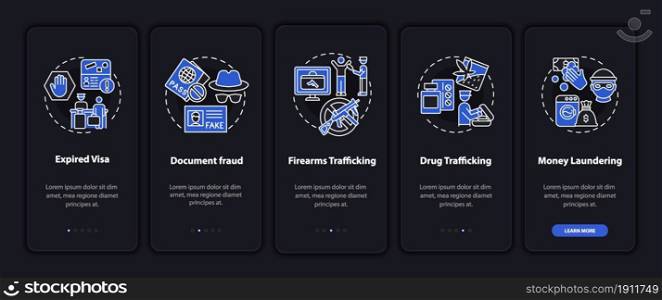 Reasons for official removal onboarding mobile app page screen. Legislation walkthrough 5 steps graphic instructions with concepts. UI, UX, GUI vector template with night mode illustrations. Reasons for official removal onboarding mobile app page screen