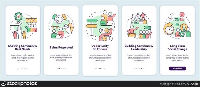 Reasons for participation onboarding mobile app screen. Social planning walkthrough 5 steps graphic instructions pages with linear concepts. UI, UX, GUI template. Myriad Pro-Bold, Regular fonts used. Reasons for participation onboarding mobile app screen