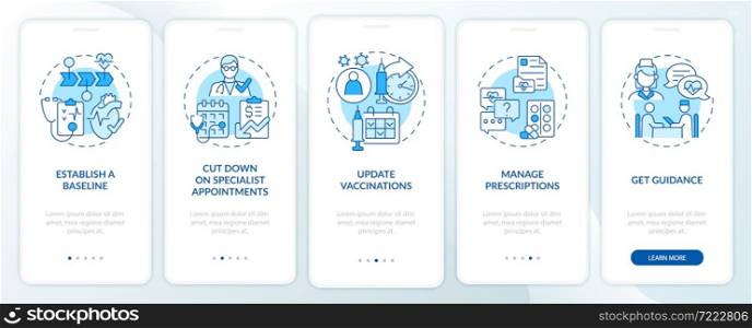 Reasons to visit doctor annually blue onboarding mobile app page screen. Healthcare walkthrough 5 steps graphic instructions with concepts. UI, UX, GUI vector template with linear color illustrations. Reasons to visit doctor annually blue onboarding mobile app page screen