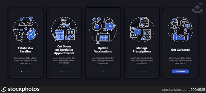 Reasons to visit doctor annually dark onboarding mobile app page screen. Walkthrough 5 steps graphic instructions with concepts. UI, UX, GUI vector template with linear night mode illustrations. Reasons to visit doctor annually dark onboarding mobile app page screen