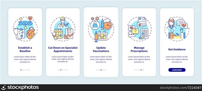 Reasons to visit doctor annually onboarding mobile app page screen. Healthcare walkthrough 5 steps graphic instructions with concepts. UI, UX, GUI vector template with linear color illustrations. Reasons to visit doctor annually onboarding mobile app page screen